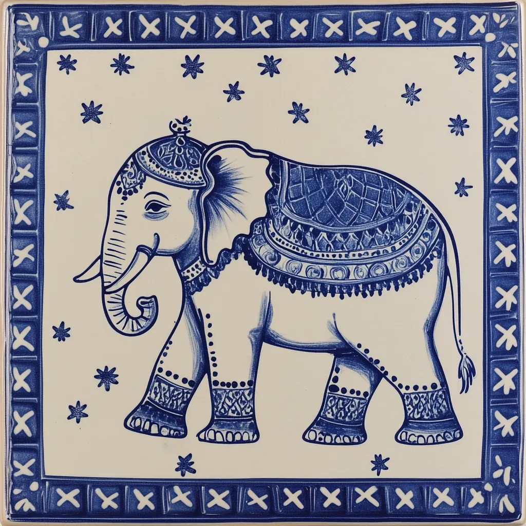 Here's a description of the image:

The image shows a square tile decorated in a style reminiscent of Delftware or blue and white Chinese porcelain.  A centrally positioned elephant, adorned with an ornate howdah and detailed anklets, is the focal point. The elephant is rendered in varying shades of blue against a creamy white background. The border features a repeating pattern of crosses and stars, creating a simple yet elegant frame.  The overall design is charming and traditional, suggesting a decorative piece with an Asian or South Asian influence.