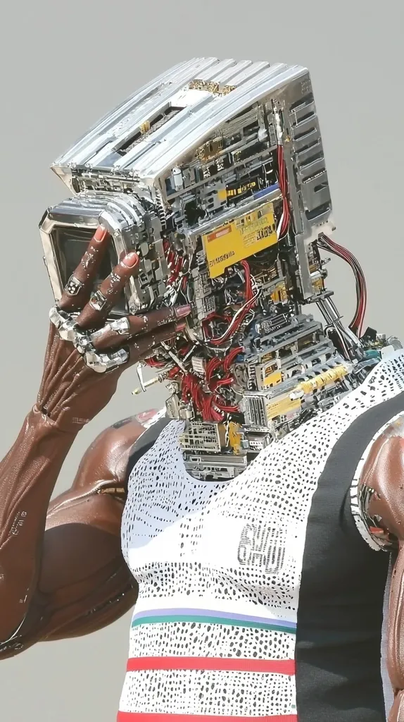 Here's a description of the image:

The image shows a close-up of a humanoid robot with exposed circuitry and mechanical components forming its head. The head is a complex structure of metallic plates, wires, and electronic parts, giving it a futuristic, almost disassembled look. The robot's body is partially visible, wearing a white athletic shirt with black polka dots and colored stripes. The robot has dark brown, almost flesh-toned, robotic arms and hands, one of which is subtly touching its head. The overall style is a blend of organic and mechanical, suggesting a cyborg or highly advanced android. The background is a simple, unblemished gray.