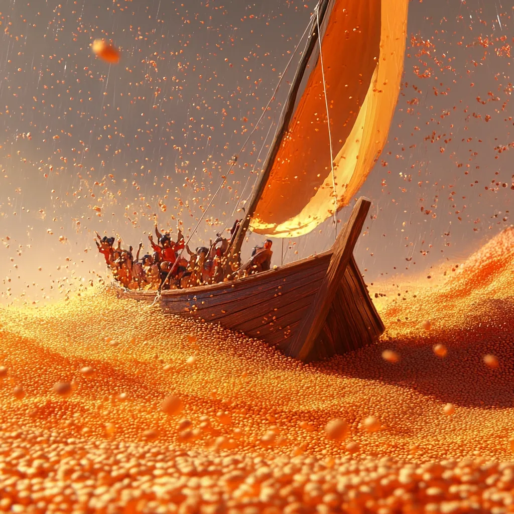 A wooden sailboat, full of jubilant people, navigates a sea of countless small, orange spheres.  A golden sail billows in the wind, as orange objects rain down from the sky. The scene is vibrant and surreal, suggesting a fantastical journey or a miraculous event. The excited passengers appear joyous amidst the unusual environment, creating a powerful visual narrative.
