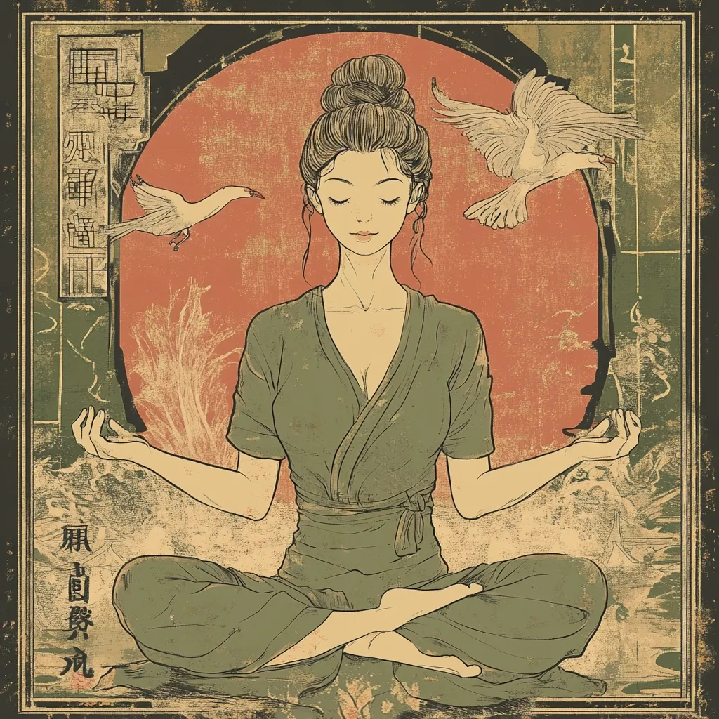 The artwork depicts a serene woman in a loose-fitting, olive-green robe, seated in a meditative lotus position.  Her eyes are closed, conveying tranquility.  Two stylized birds flank her, in flight against a large, muted red sun or moon backdrop. The image is framed with a distressed, aged border featuring Asian-inspired text and imagery, giving it a vintage woodblock print aesthetic.  The overall mood is one of peace and spiritual contemplation.