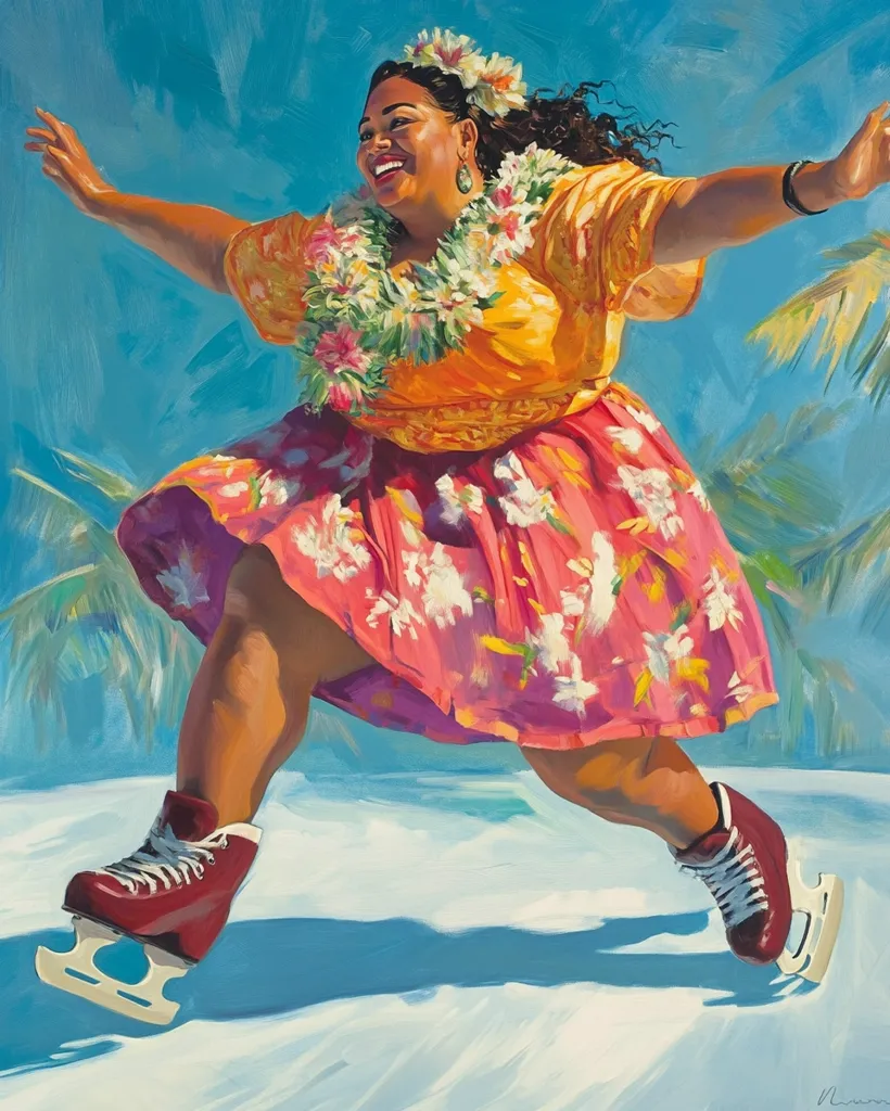 A vibrant painting depicts a joyful, plus-size woman ice skating.  She wears a bright yellow top, a pink floral skirt, and a lei, radiating happiness.  Her arms are outstretched, and her maroon ice skates suggest a dynamic movement across the ice, contrasted against a sunny, tropical backdrop of palm trees and a clear blue sky. The painting style is bold and impressionistic, emphasizing color and energy.