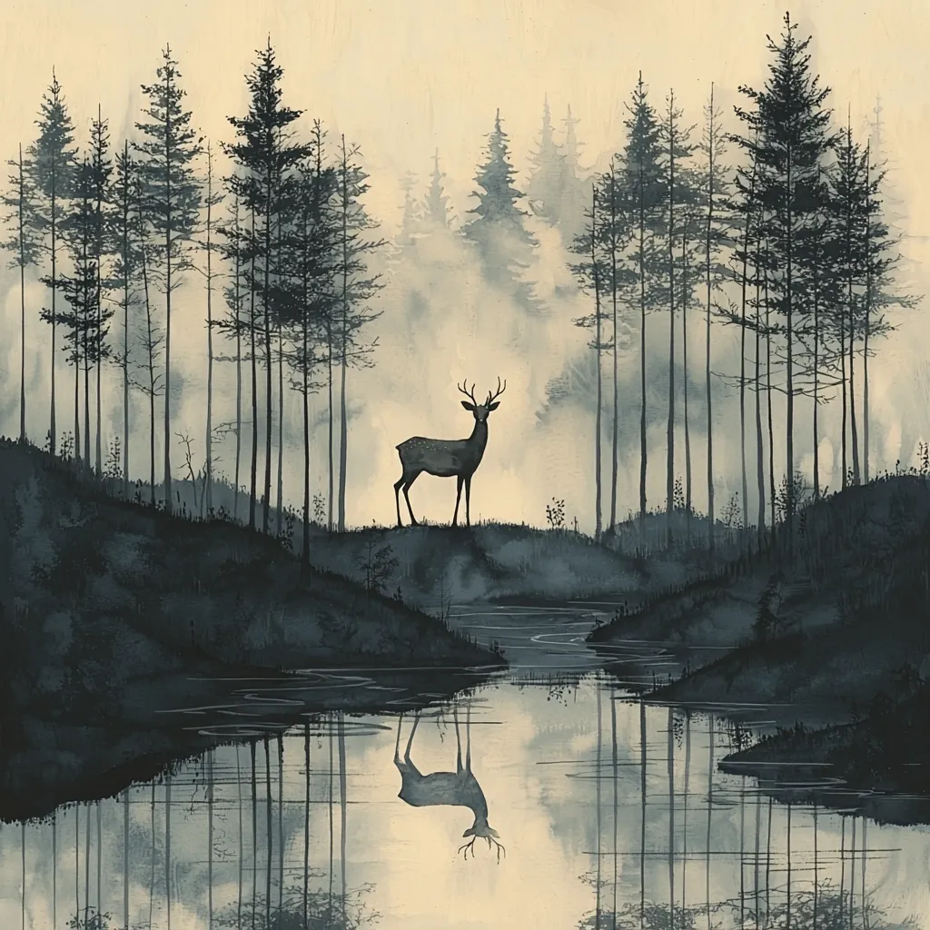 A serene watercolor painting depicts a majestic deer standing in a misty forest by a calm, reflective pond.  Tall, slender pines rise from the banks, their silhouettes mirroring in the still water.  The overall palette is muted blues and grays, creating a tranquil, almost ethereal atmosphere. The deer's reflection is perfectly mirrored, enhancing the scene's peaceful symmetry. The soft light suggests dawn or dusk, adding to the image's quiet beauty.