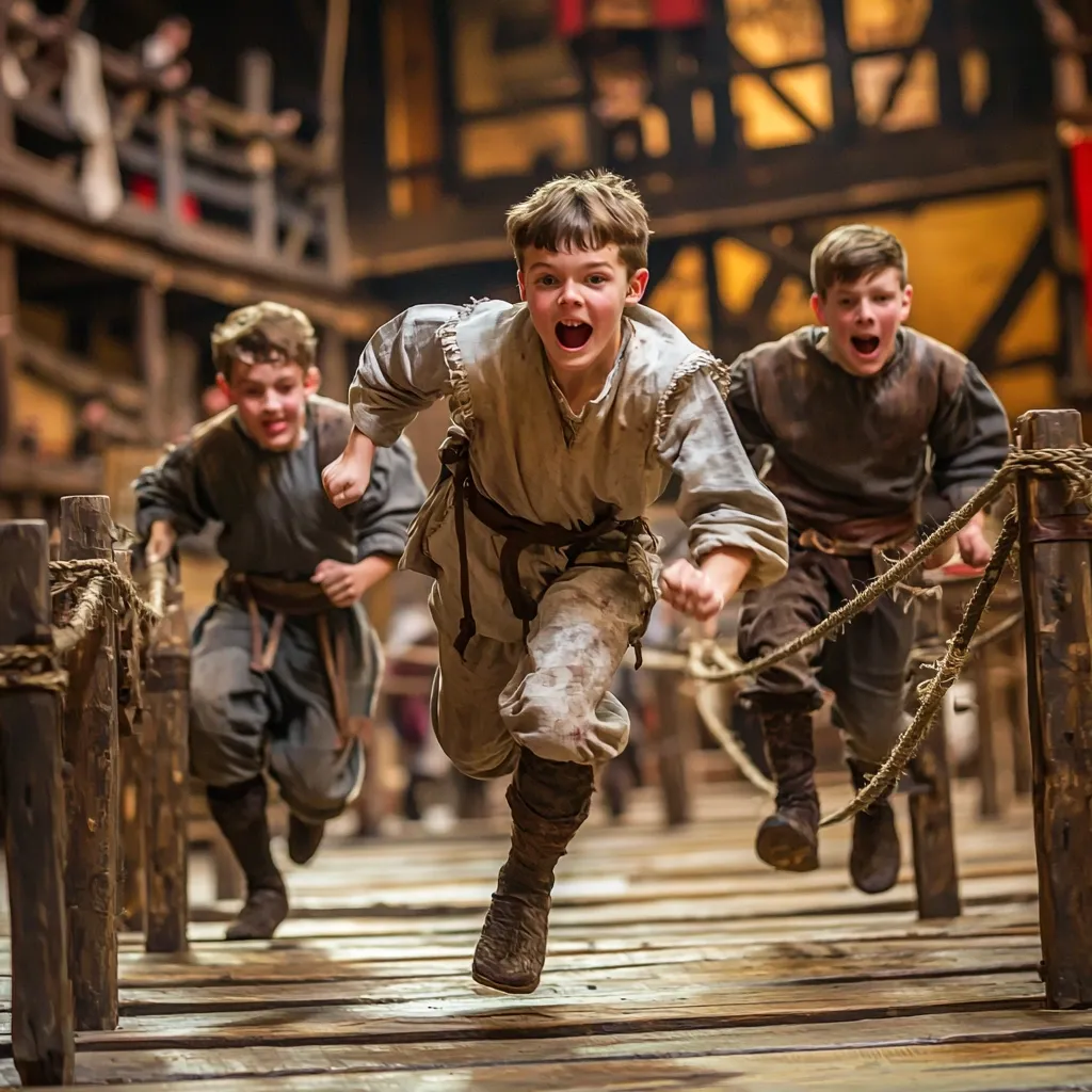 Three young boys, dressed in medieval-style clothing, race along a wooden walkway.  The central boy leads the pack, his mouth open in a shout of exertion.  The other two boys trail closely behind, equally focused on the race.  The setting appears to be a stage recreation of a historical period, with wooden structures and onlookers blurred in the background.  The image captures a dynamic moment of youthful energy and competition.
