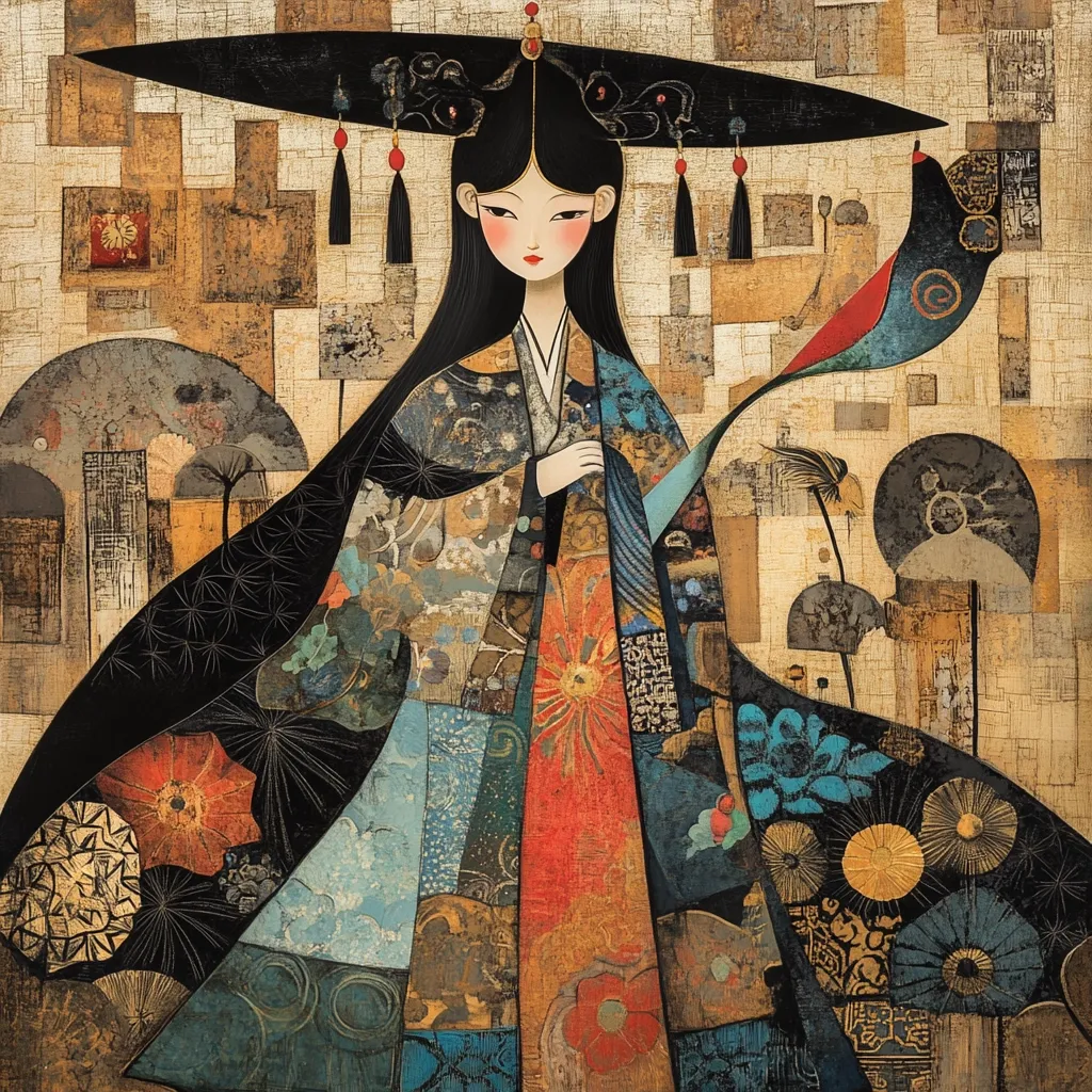The artwork depicts a stylized woman, possibly of Asian descent, in an elaborate, richly patterned robe and large black hat.  Her expression is serene.  The clothing incorporates a collage of textures and colors, suggesting a patchwork of fabrics. A stylized bird or mythical creature with a long, flowing tail is partially integrated into her garment. The background features a textured, geometric pattern reminiscent of an architectural design, creating a blend of fantasy and cultural imagery.  The overall style is painterly and textured, with a rich gold and earthy color palette.