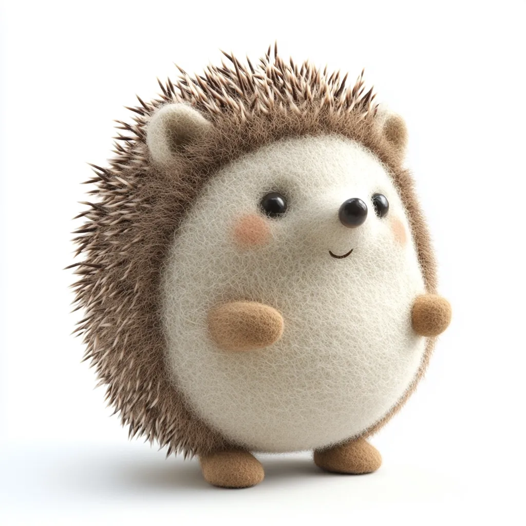 Here's a description of the image:

The image shows a charming, round hedgehog plush toy against a stark white background.  Its body is predominantly off-white, appearing soft and fluffy, possibly made of wool or a similar material.  The hedgehog features dark brown quills around its body, small brown feet, and tan-colored hands.  Its face is expressive with large, dark eyes, rosy cheeks, and a small, upturned nose and mouth, giving it an endearing, cartoonish appearance.  The overall impression is one of cuteness and softness.