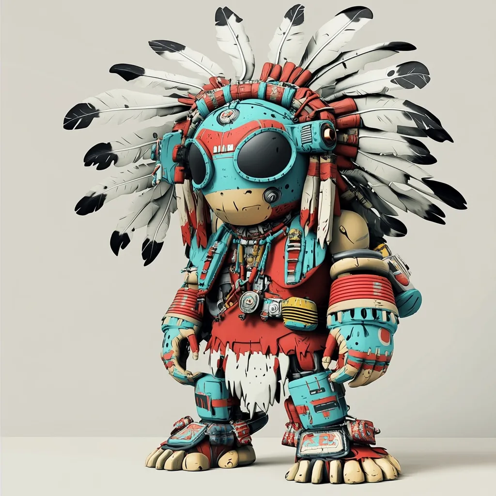 Here's a description of the image:

The image showcases a stylized 3D rendering of a robot, designed with a Native American aesthetic.  The robot is short and stout, with a teal and red body, adorned with intricate details resembling tribal patterns and weathered textures. It wears a large, feathered headdress, suggesting a war bonnet.  The robot's design blends futuristic elements—like its mechanical parts and goggles—with traditional Native American attire, creating a unique and striking visual juxtaposition.  The overall style is reminiscent of character design from video games or animation.