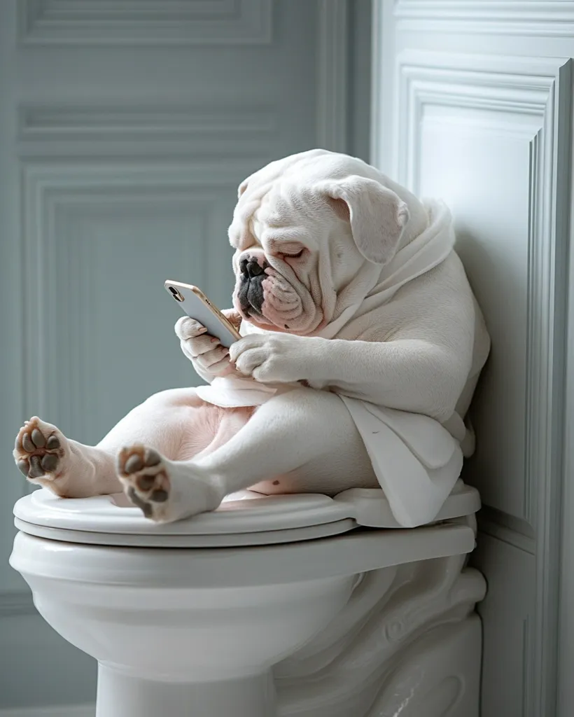 Here's a description of the image:

A white bulldog, wrapped in a white towel, sits on a white toilet, engrossed in a smartphone.  Its paws rest on the seat, and it holds the phone with surprising dexterity. The dog's expression is one of concentration. The bathroom setting is clean and elegant, with pale gray walls and white paneling. The overall tone is humorous, depicting an anthropomorphic scene of a dog using technology in an unexpected location.