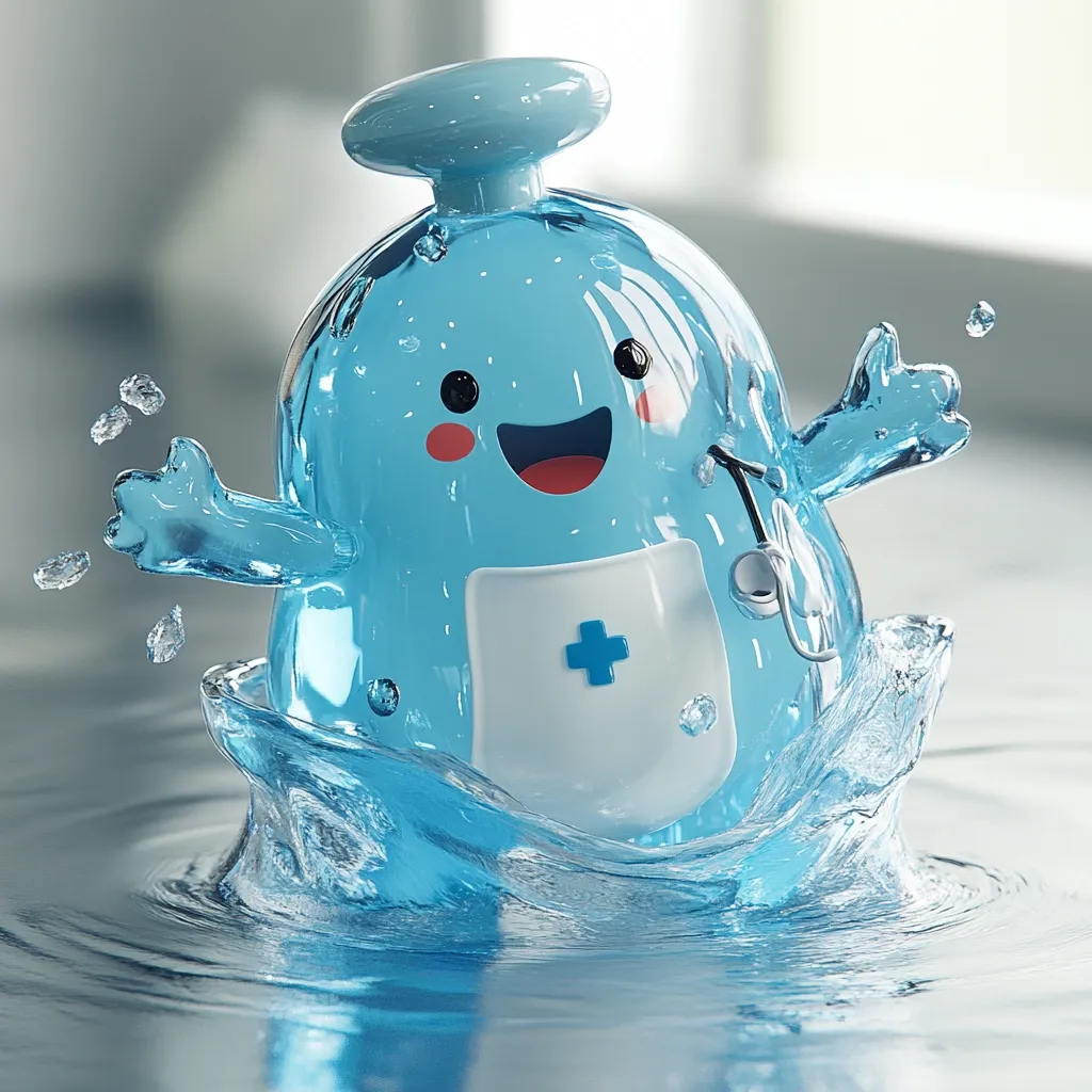 A cheerful, cartoonish hand sanitizer bottle, shaped like a friendly character, splashes into a pool of clear water.  It has a light blue, gel-like appearance,  a smiling face, rosy cheeks, and a small white apron with a plus sign.  Its arms are outstretched in a welcoming gesture, and a small stethoscope hangs from its side.  The overall image is bright, clean, and playful.