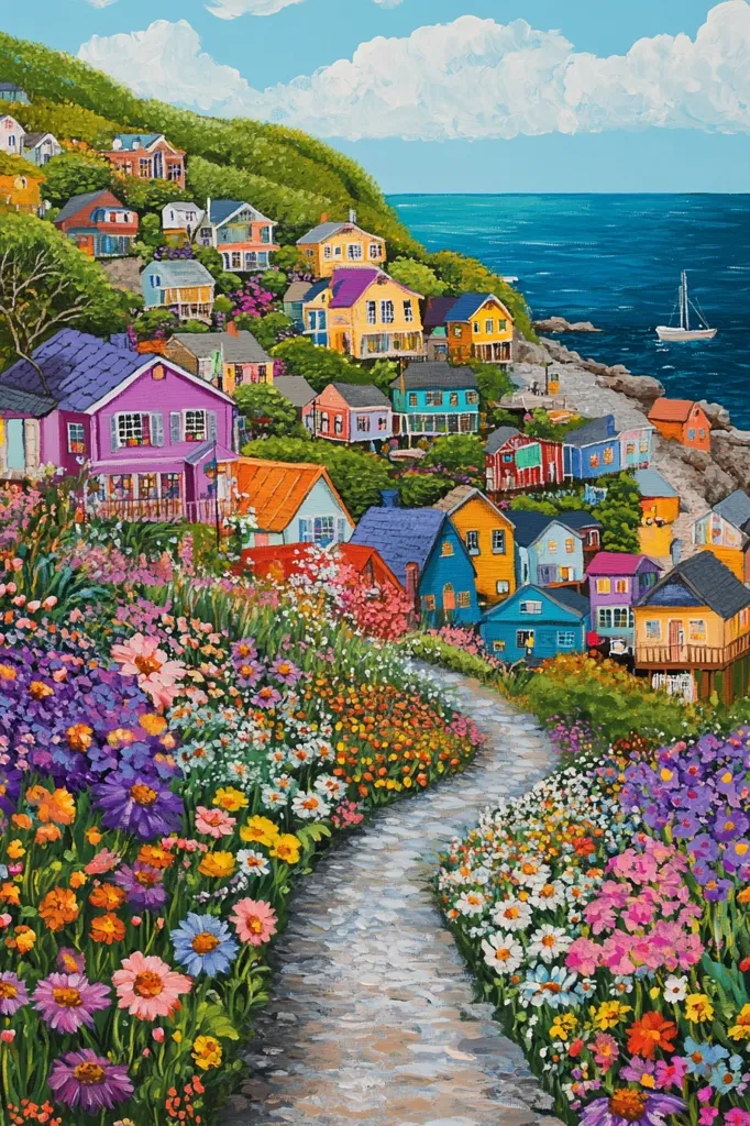 A vibrant painting depicts a picturesque coastal village nestled on a hillside overlooking a calm ocean.  A winding stone path, bordered by a profusion of colorful wildflowers in pinks, purples, and yellows, leads down through a collection of brightly painted houses.  The houses, in a variety of cheerful hues, cascade down the hill towards the water, where a sailboat is visible on the horizon. The scene is bathed in sunlight, creating a cheerful and idyllic atmosphere.