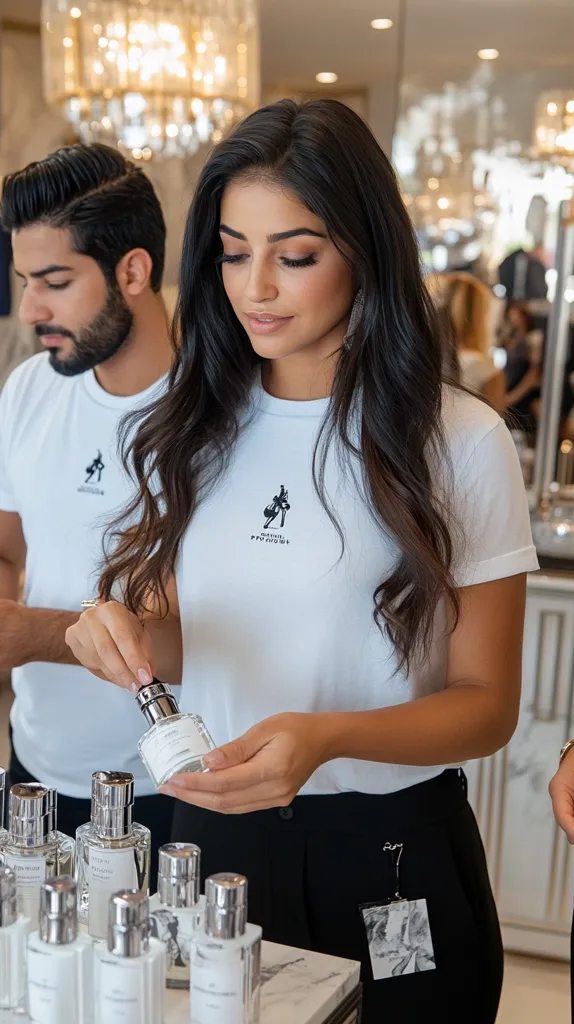 A young woman with long dark hair, wearing a white t-shirt and black pants, examines perfume bottles in a bright, upscale store.  A man with dark hair is partially visible in the background. The woman's expression is focused and thoughtful as she holds a bottle, seemingly considering a purchase. The setting suggests a boutique or high-end retail environment with elegant lighting and displays.