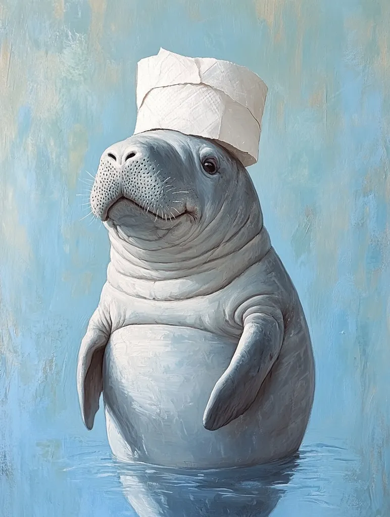 A charming painting depicts a manatee wearing a chef's hat fashioned from toilet paper.  The manatee, rendered in a realistic style with visible texture in its skin, sits serenely in calm, light blue water. The background is a textured wash of similar blue hues. The contrast between the unexpected hat and the placid manatee creates a humorous and endearing image. The artist's attention to detail is evident in both the manatee and the subtly textured water.