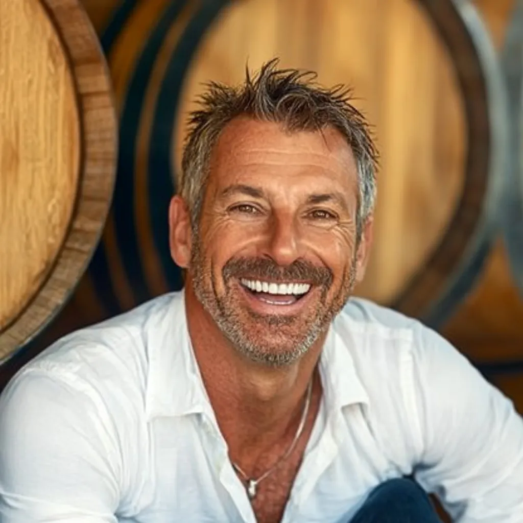 Here's a description of the image:

The photo shows a close-up of a smiling middle-aged man with graying hair.  He has a broad, genuine smile revealing bright, even teeth.  His facial features are relaxed and friendly. He's wearing a simple, light-colored, collared shirt. The background is blurred but shows large wooden wine barrels, suggesting a winery or related setting. The overall mood is warm, inviting, and slightly rustic.  His demeanor is confident and approachable.