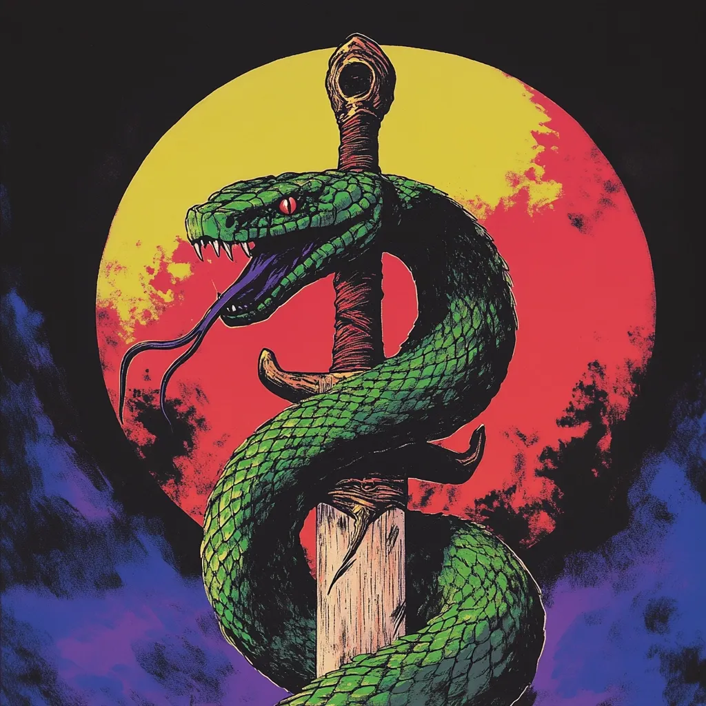 Here's a description of the image:

The artwork depicts a vibrant, stylized green snake coiled tightly around a sword, which is positioned centrally. The snake's head is raised, its tongue extended, and its eyes glow with red intensity.  The background features a large, stylized red and yellow moon, set against a dark, smoky sky with purplish hues at the bottom. The overall style is bold, graphic, and reminiscent of a fantasy or occult aesthetic. The color palette is striking, with high contrast between the bright snake and moon against the dark background.