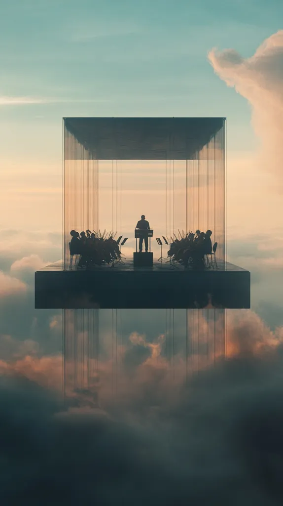 A surreal image depicts a floating orchestra platform suspended amidst clouds.  A conductor stands before a seated ensemble within a minimalist, transparent cube structure. The setting sun casts a warm glow on the ethereal scene, creating a dreamlike atmosphere.  Long, thin strands hang from the platform, adding to the otherworldly feel. The silhouettes of the musicians and conductor enhance the mysterious and contemplative mood.