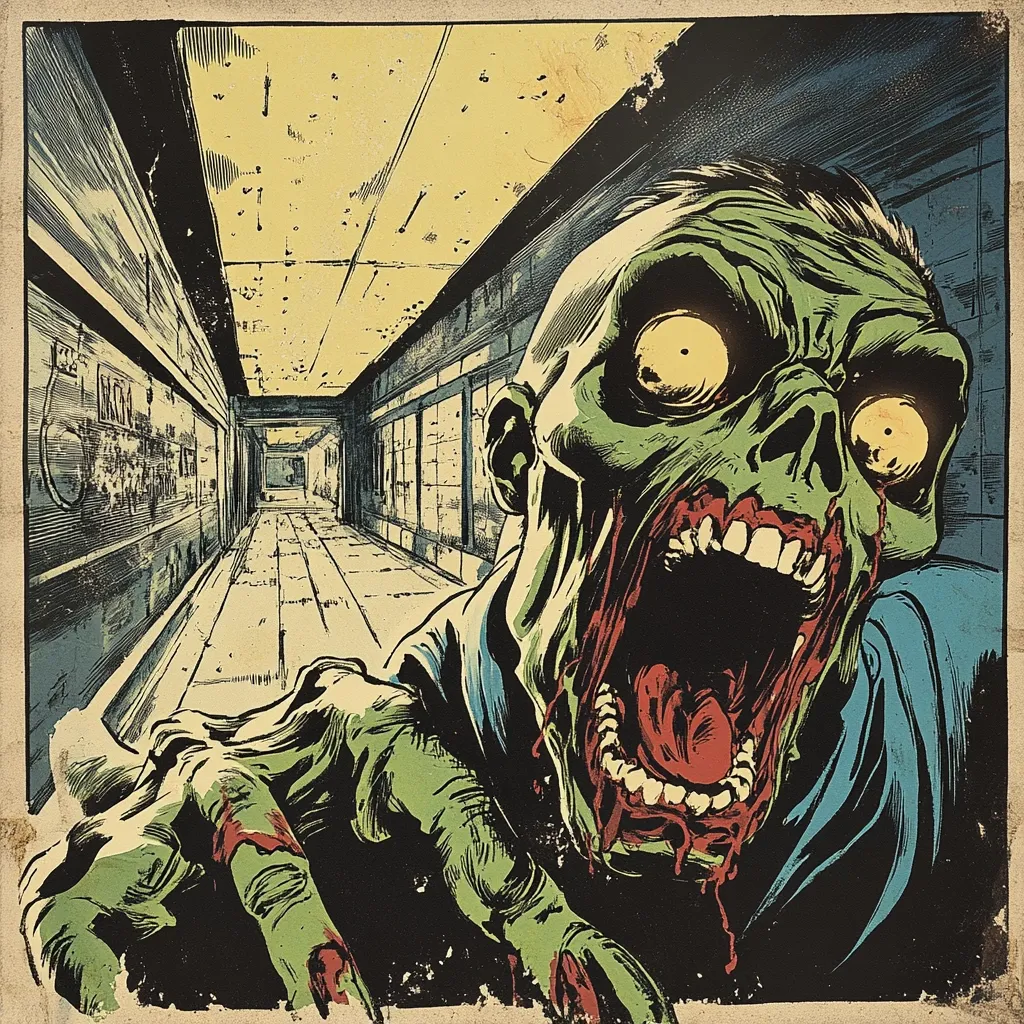 The image is a stylized comic book panel depicting a grotesque, decaying zombie in a long, dimly lit corridor. The zombie's face is a horrifying mix of green and red, with its mouth open in a silent scream, revealing rotting teeth and a bloody tongue. Its eyes are wide and glowing. The corridor's walls are aged and slightly distressed, enhancing the overall eerie and unsettling atmosphere of the artwork. The style is reminiscent of classic horror comics.