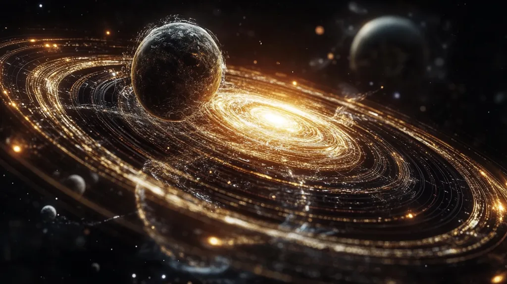 The image depicts a mesmerizing cosmic scene.  A dark planet, seemingly composed of fragmented data or energy, sits within a swirling, luminous golden ring.  This ring, resembling a galaxy or energy field, radiates light and features concentric circles of glowing particles.  Smaller planets and stars are visible in the background, adding depth to the otherworldly spectacle. The overall effect is one of intricate beauty and cosmic wonder.