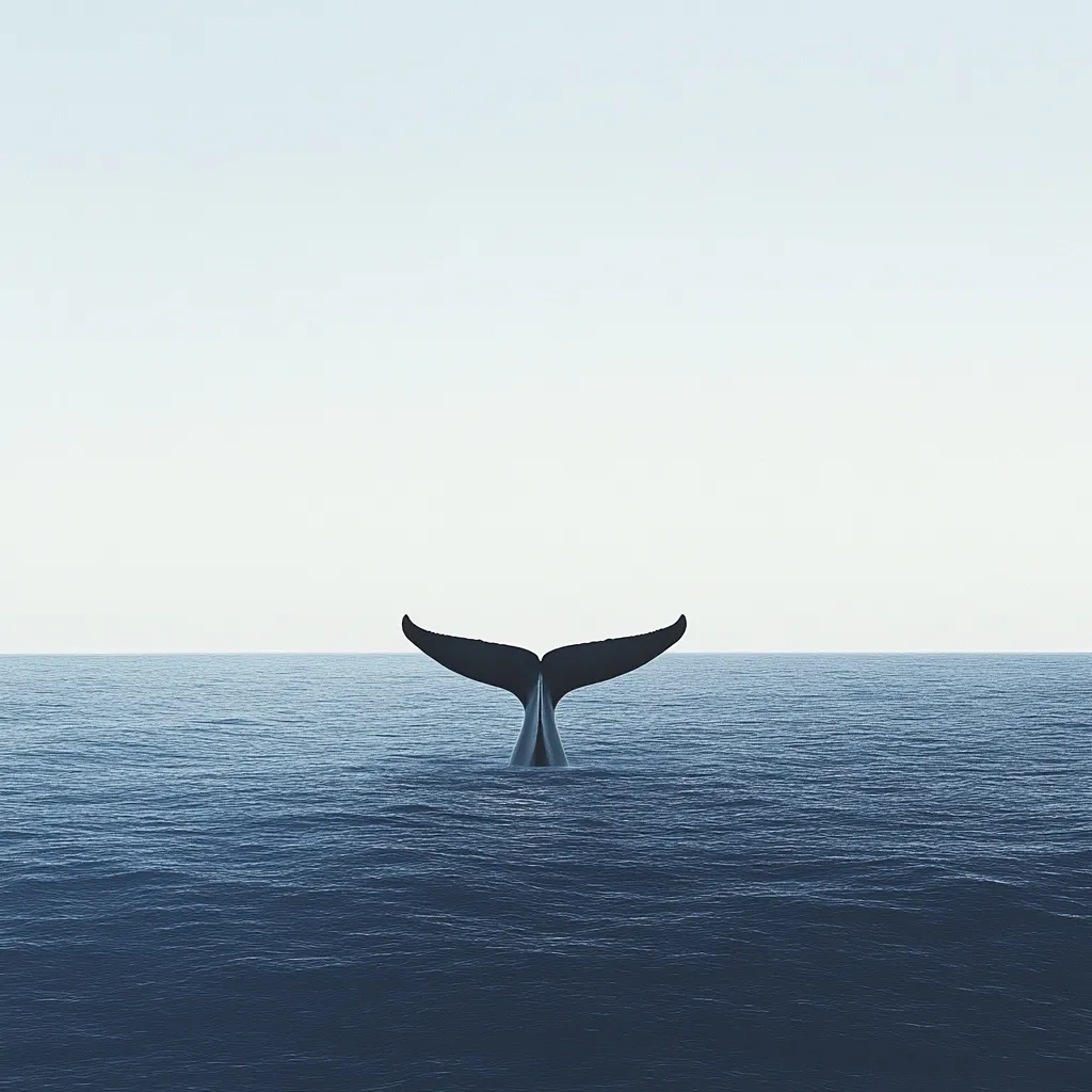 Here's a description of the image:

The image shows a whale's tail fluke breaching the surface of a calm, dark blue ocean.  The fluke is dark, almost black, silhouetted against a pale, almost white sky. The water is relatively flat, with only gentle ripples visible.  The overall color palette is cool and serene, emphasizing the vastness of the ocean and the solitary nature of the whale. The scene is minimalist and peaceful, conveying a sense of quiet majesty.