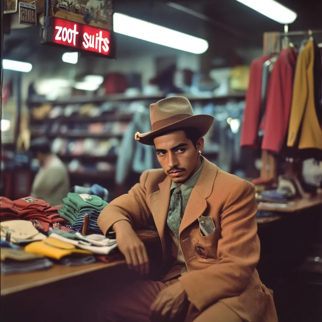 Here's a description of the image:

The photograph shows a young man, sharply dressed in a tan zoot suit, fedora, and patterned tie.  He sits behind a counter in a clothing store, a neon sign reading "zoot suits" prominently displayed above.  Stacks of folded caps and hats are visible on the counter. The store's background is slightly blurred, revealing clothing racks with various garments, creating a sense of depth.  The man's expression is serious, his gaze directed at the viewer. The overall mood is one of cool confidence and vintage style.