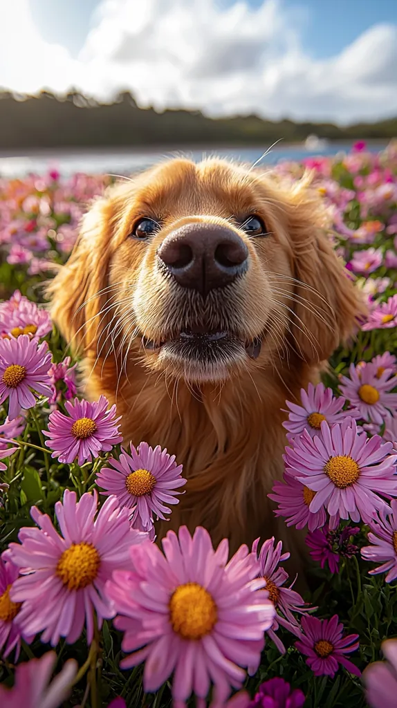 Here's a description of the image:

A golden retriever, its fur the color of sunset, gazes directly at the camera with a happy expression. Its nose is close to the viewer's perspective, creating an intimate and playful feel.  The dog is nestled amidst a vibrant profusion of light pink aster-like flowers, their petals soft and delicate against the dog's rich coat. The background is softly blurred, showing a tranquil body of water and distant hills under a clear, bright sky. The overall scene is bright, cheerful, and evokes feelings of happiness and springtime.