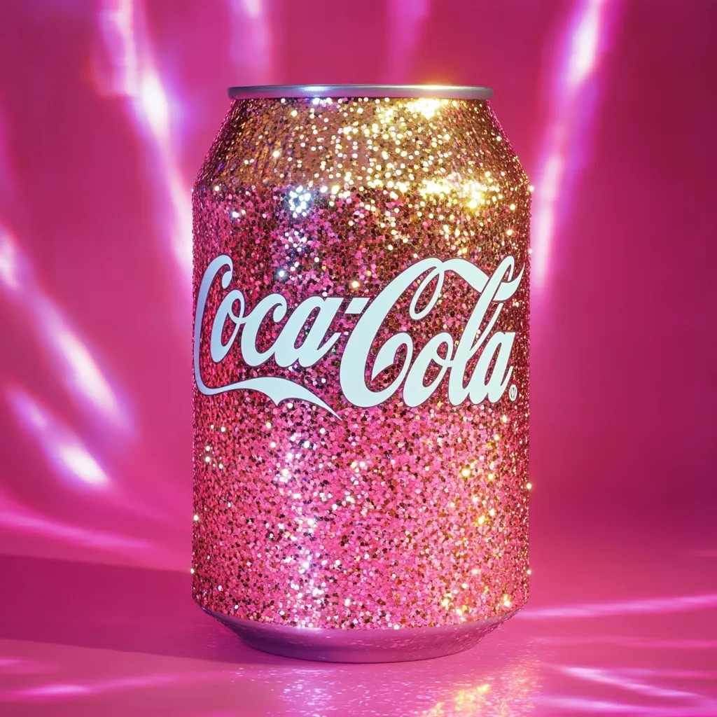 A Coca-Cola can, completely covered in pink and gold glitter, is the focal point of the image.  The classic Coca-Cola logo is prominently displayed in white against the shimmering surface. The can sits on a pink background, illuminated with soft, diffused light that creates a glamorous, almost ethereal effect. The overall aesthetic is playful, sparkly, and undeniably feminine.