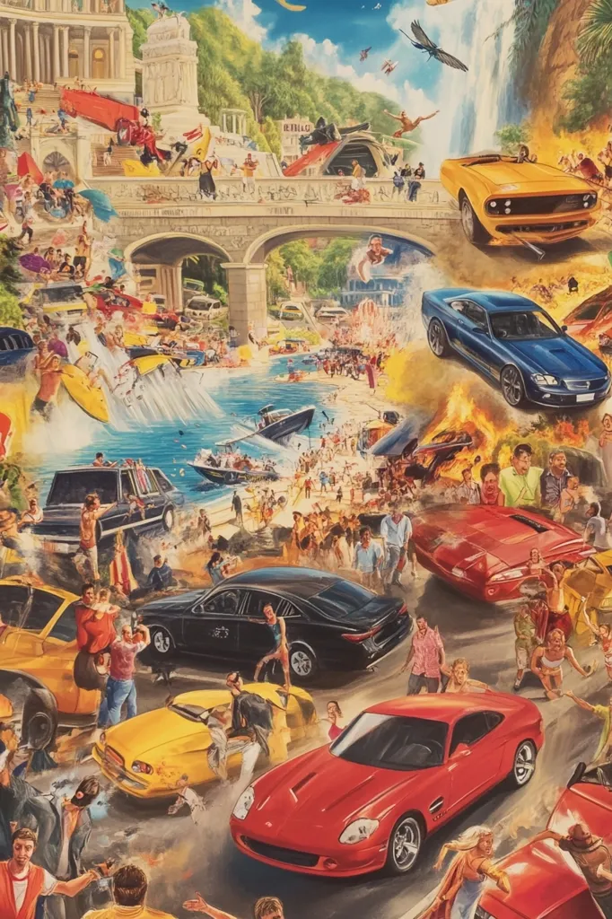 A vibrant, chaotic scene unfolds, overflowing with activity.  Cars of various makes and models are strewn across a bustling waterfront, some speeding, others involved in collisions or engulfed in flames.  A stone bridge arches overhead, while people swim, surf, and stroll along the beach and surrounding areas. The overall impression is one of controlled pandemonium, a dynamic blend of human activity and automotive mayhem set against a sunny, scenic backdrop.  The style is reminiscent of a detailed, almost surreal, painting.