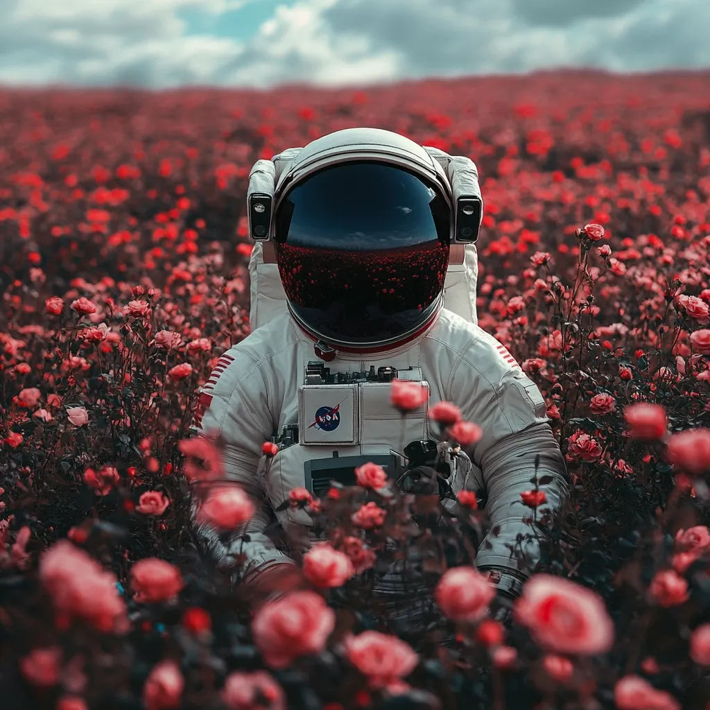 An astronaut in a full NASA spacesuit sits amidst a vibrant field of deep red roses. The contrast between the stark white of the suit and the intense color of the flowers is striking.  The astronaut's helmet reflects the rose field, creating a surreal and dreamlike atmosphere. The sky is partly cloudy, adding to the contemplative mood of the image. The overall effect is one of peaceful solitude and unexpected juxtaposition.