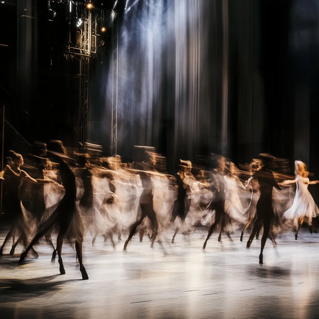 A captivating image of a ballet performance, captured with motion blur.  Numerous dancers, clad in flowing attire, are depicted in a dynamic, swirling choreography.  The background features a dark stage with subtle lighting, creating a dramatic atmosphere.  The blur effect emphasizes the fluidity and grace of the dancers' movements, conveying a sense of energy and artistry. The overall mood is one of ethereal beauty and captivating movement.
