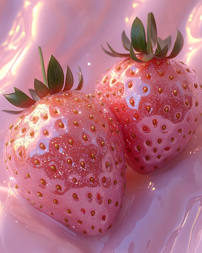 Two glistening, pink strawberries, adorned with gold glitter, rest on a smooth, pink surface resembling spilled liquid.  The strawberries are plump and glossy, their green caps vibrant against the pastel background.  The lighting accentuates the sugary texture and creates a dreamy, almost surreal, aesthetic. The overall impression is one of sweetness and delightful artificiality.