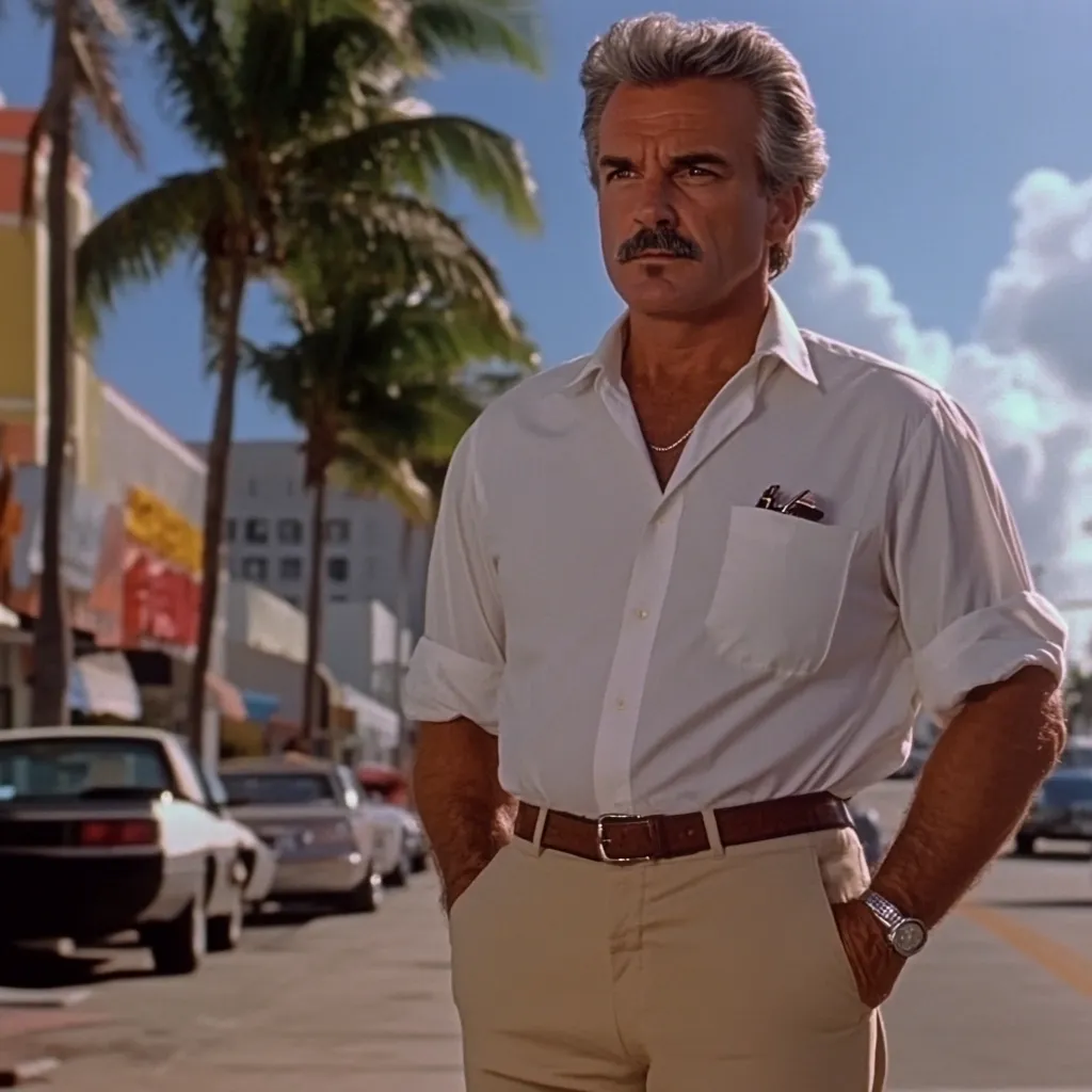 Here's a description of the image:

The image shows Tom Selleck, portraying his iconic Magnum P.I. character, standing on a sun-drenched Miami street. He's dressed in his signature attire: a crisp white, long-sleeved shirt,  khaki trousers held up by a brown leather belt, and a wristwatch. His hands are casually in his pockets.  Selleck sports his trademark mustache, and his hair is styled in his characteristic silver-gray fashion.  In the blurry background, classic cars are parked along the street, lined with palm trees and buildings that evoke a tropical, 1980s ambiance.  The overall feel is one of relaxed confidence and sun-kissed charm.