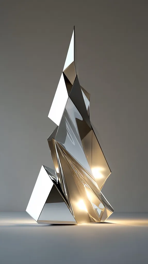 A modern, abstract sculpture resembling a crystalline formation is illuminated from within.  Its sharply angled, faceted surfaces are highly polished, reflecting light and creating a sense of movement.  The piece is primarily silver or chrome, with internal lighting emitting a warm glow.  The overall design is sleek, minimalist, and suggests both fragility and strength. The sculpture sits on a neutral gray surface against a matching background.