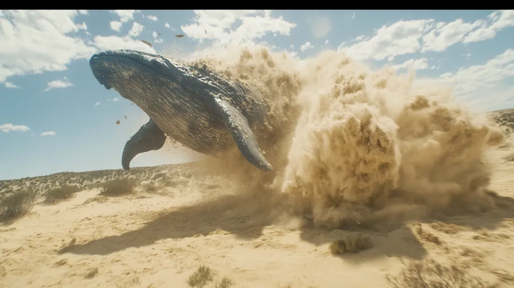 A massive humpback whale appears to leap from a sandy desert landscape, kicking up a massive cloud of dust and sand in its wake. The whale is in mid-air, its body angled forward, suggesting powerful movement. The sky is bright and partly cloudy, contrasting with the pale sand dunes. The scene is surreal and otherworldly, likely a digitally created image or a film still.  Small fragments seem to be dislodged from the whale's body as it moves.