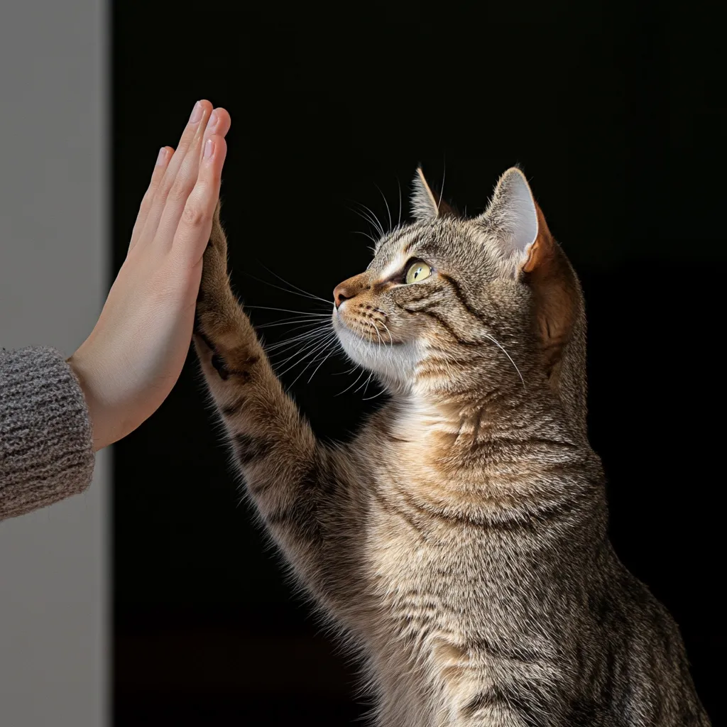 A tabby cat and a person's hand are shown giving each other a high five. The cat is brown and grey, with green eyes, and is positioned to the right of the frame. The person's hand is light-skinned and partially visible, with a grey sleeve indicating a sweater. The background is sharply contrasting; a bright white on the left and a very dark black on the right.  The image is well-lit, highlighting the texture of both the cat's fur and the person's hand.