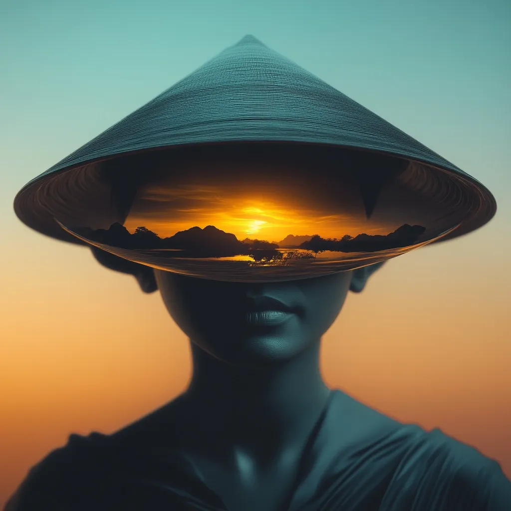 Here's a description of the image:

The image showcases a stylized, almost sculptural, female figure from the chest up.  She wears a large, conical hat reminiscent of Asian headwear.  The hat's interior reflects a serene landscape: a calm body of water at sunset, silhouetted mountains, and a vibrant orange sky.  The contrast between the dark, smooth texture of the figure and the warm, vivid colors of the reflected landscape creates a dreamlike, surreal atmosphere. The overall effect is one of tranquil contemplation and inner peace, blending realism and fantasy.