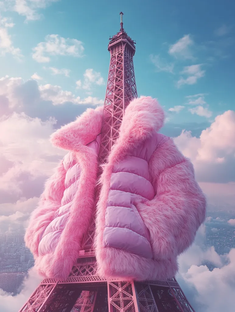 Here is a description of the image:

A surreal image depicts a giant, fluffy, light pink puffer jacket engulfing the Eiffel Tower. The tower is a pale pink, and the jacket's fur is luxuriously thick.  The background is a dreamy, pastel sky with fluffy clouds, suggesting a fantasy or whimsical setting.  The city below is partially visible through the clouds, adding depth to the scene. The overall tone is light, airy, and playful.