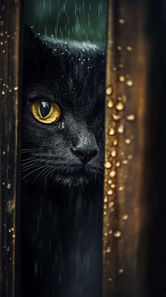 Here's a description of the image:

A close-up shot depicts a black cat peeking through a wooden fence during a rainstorm.  Rain streaks down the fence, which is dark brown and textured.  The cat's bright, golden eyes are striking against its dark fur, and its expression is one of cautious observation.  The overall mood is mysterious and atmospheric, with the rain adding to the sense of drama.  The focus is sharply on the cat's face, while the background is blurred by the rain.