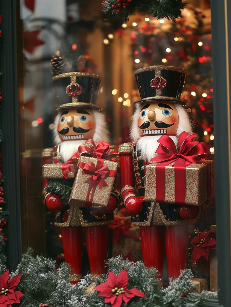Here's a description of the image:

Two ornate nutcracker figures, dressed in red and black uniforms with tall, black hats, stand prominently in a holiday display window. Each holds a large, elaborately wrapped present with gold and red accents.  The window is decorated with greenery, including frosted pine boughs and vibrant red poinsettias.  A softly lit Christmas tree is visible in the background, adding to the festive ambiance. The overall scene evokes a classic, charming Christmas aesthetic.
