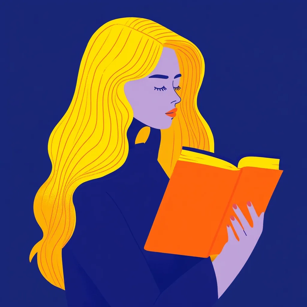 Here's a description of the image:

The illustration depicts a stylized woman with long, flowing yellow hair,  wearing a dark blue turtleneck.  She is absorbed in reading an orange book, held gently in her hands. Her eyes are closed in concentration, suggesting deep immersion in her reading.  The style is minimalist and bold, using strong color blocks against a navy blue background. The overall mood is peaceful and contemplative.