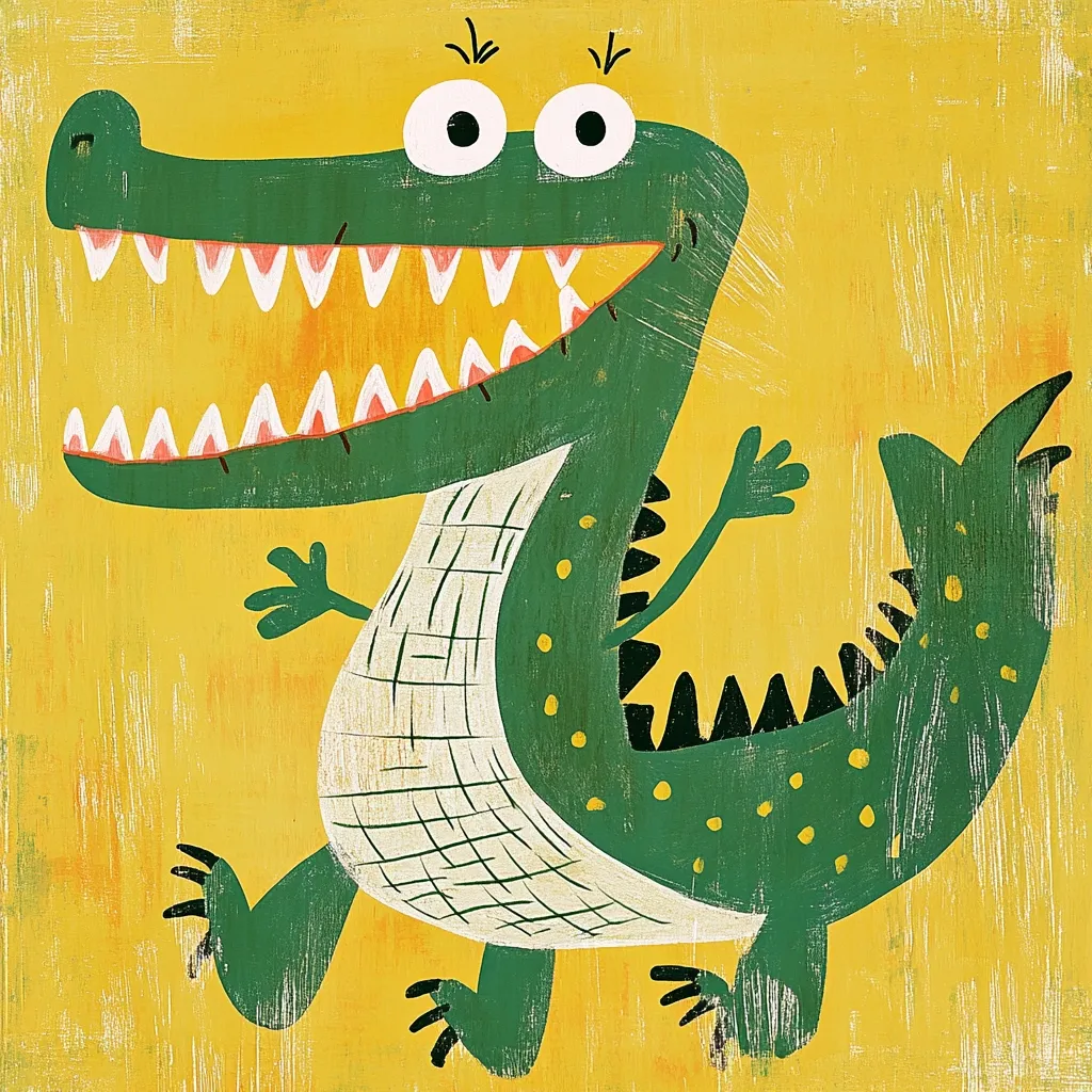 A cheerful, cartoon-style crocodile is depicted against a mustard-yellow background.  Its large, expressive eyes and wide-open mouth filled with teeth contribute to its playful demeanor. The crocodile's body is a textured green, with a patterned, off-white bib-like section on its chest. Its tail is long and spiky, and it's depicted in mid-stride with its arms raised, suggesting movement and happiness. The artistic style appears hand-painted or digitally textured, giving it a slightly rough and charming quality.