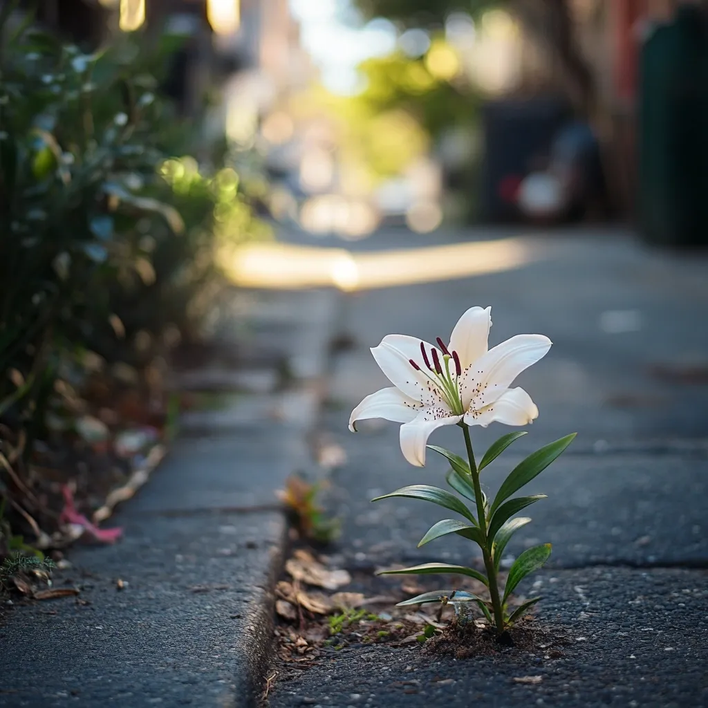 A single, delicate white lily blossoms from a crack in a city sidewalk.  Sunlight illuminates the flower, contrasting its vibrant purity with the gray concrete.  The background is softly blurred, showing a residential street and lush greenery. The image evokes a sense of resilience and unexpected beauty found in the most unlikely of places. The lily's tenacious growth symbolizes perseverance amidst urban hardship.