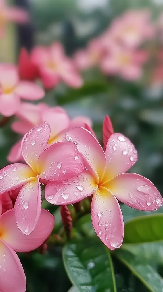 Here's a description of the image:

Close-up view of several pink plumeria flowers, adorned with glistening water droplets.  The flowers are in various stages of bloom, showcasing their delicate, layered petals. The center of each flower reveals a subtle yellow hue.  The background is softly blurred, focusing attention on the dewy blossoms and lush green foliage of the plant.  The overall impression is one of freshness and natural beauty.