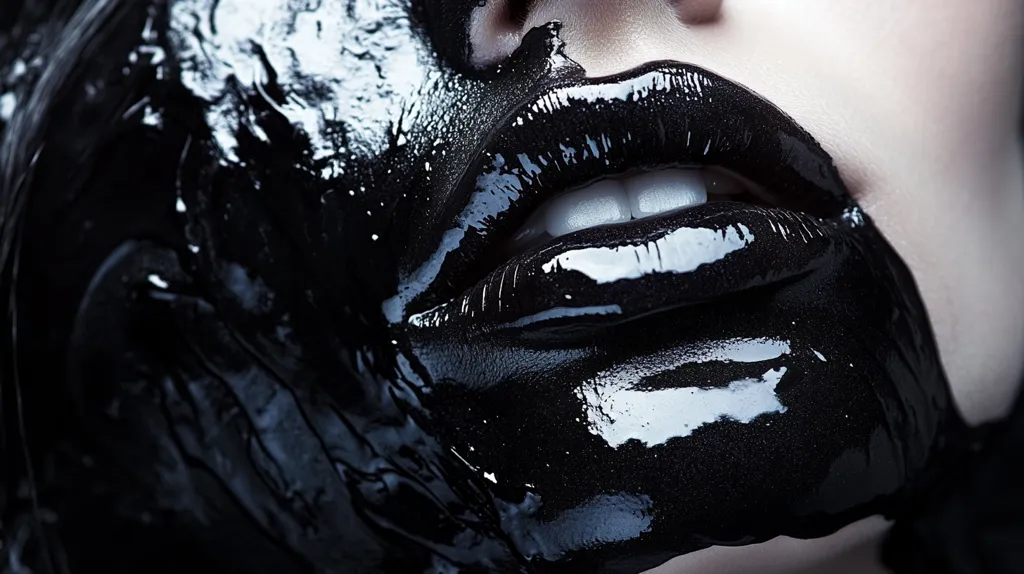 Close-up view of a woman's face partially covered in a thick, black, glossy substance.  The substance resembles paint or tar, dripping down her face and covering most of her cheek and chin.  Her lips are also coated in the same material, creating a dramatic, high-contrast look with her bright white teeth visible. The overall impression is one of dark, artistic makeup or body paint.