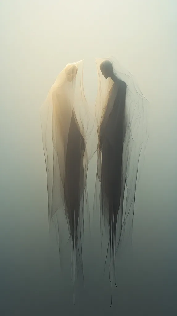 The image presents two shrouded figures, seemingly female, standing close together against a muted, hazy background.  They are enveloped in diaphanous, flowing fabrics, creating a sense of mystery and etherealness.  The figures' forms are indistinct, almost ghostly, with only their general shapes visible through the translucent material. The overall mood is serene yet enigmatic, hinting at a connection or shared moment veiled in secrecy.  The soft light accentuates the texture of the fabric and the subtle contrast between the figures and their background.