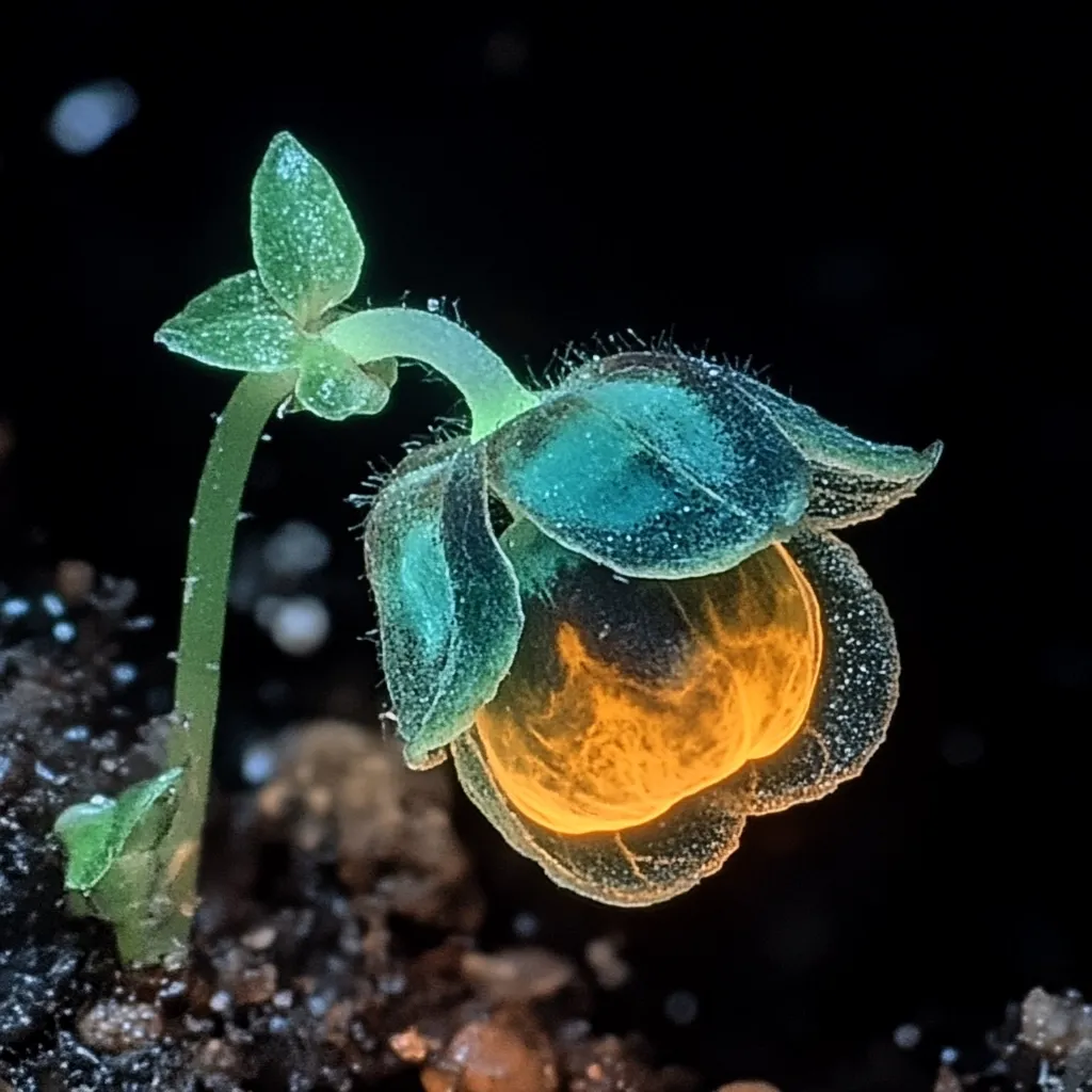 Close-up view of a seedling with a vibrant, surreal appearance. The stem is slender and green, leading to a flower bud. The petals are a teal or turquoise, almost translucent, with a glowing, orange-yellow center that resembles a miniature sun or flame. The background is dark, emphasizing the plant's luminescence. The image suggests a manipulated or enhanced photograph, showcasing the plant's unique beauty.