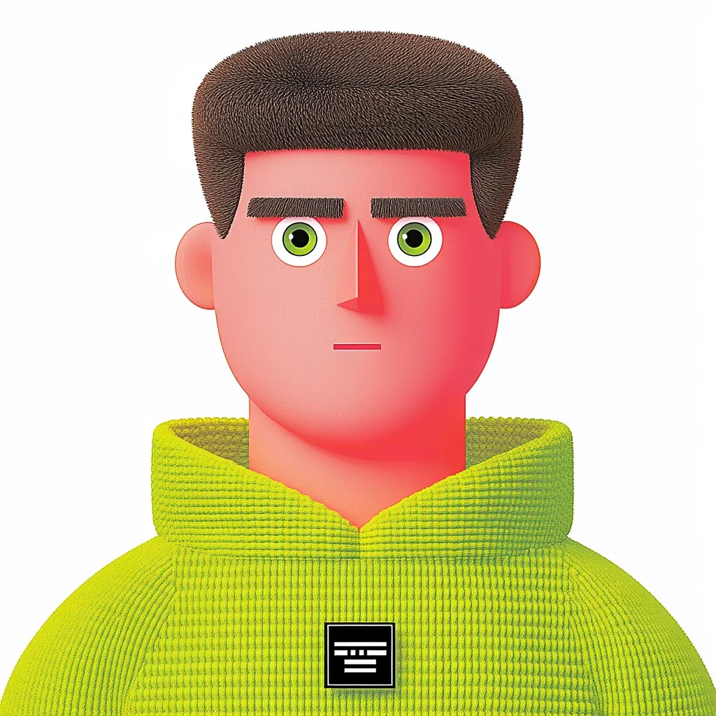 Here's a description of the image:

The image is a close-up shot of a stylized 3D-rendered male figure.  He has a short, dark brown, textured hairstyle, bright green eyes, and a salmon-pink complexion. His features are simplified, almost block-like, giving him a cartoonish appearance. He's wearing a lime-green waffle-textured hoodie with a small, square, black logo centered on his chest. The figure has a neutral, slightly serious expression. The background is pure white, making the figure stand out sharply. The overall style is minimalist and modern.