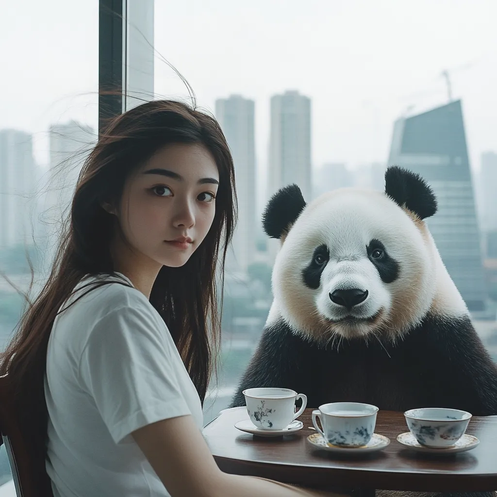 A young woman with long dark hair sits at a table beside a giant panda.  Three delicate teacups and saucers are arranged on the table before them.  A large city skyline is visible through a window behind them, suggesting a high-rise location. The scene is peaceful, with a contrast between the urban backdrop and the quiet intimacy of the woman and the panda. The image is soft-focus and aesthetically pleasing.