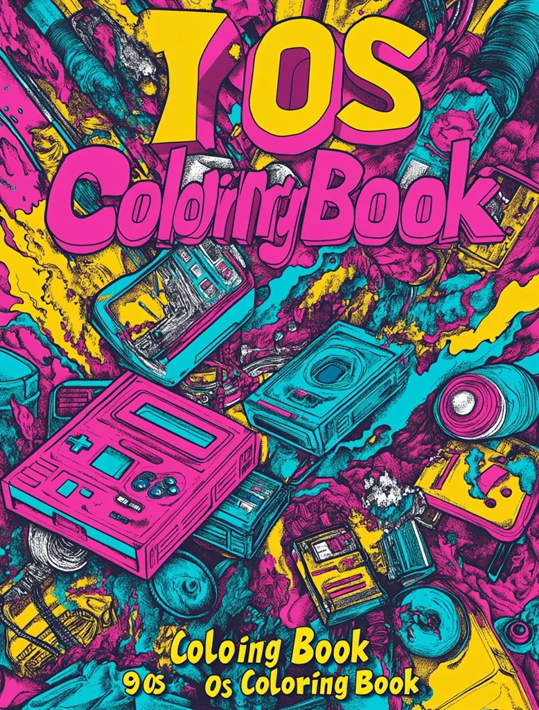 This is a vibrant cover for a "90s 0s Coloring Book."  The title is in large, stylized, pink and yellow lettering. The background is a chaotic explosion of 90s and early 2000s tech gadgets and media: game consoles, cassette tapes, cameras, and speakers, all rendered in bold colors and sketchy lines.  The overall aesthetic is energetic and nostalgic, suggesting a fun and retro coloring experience.