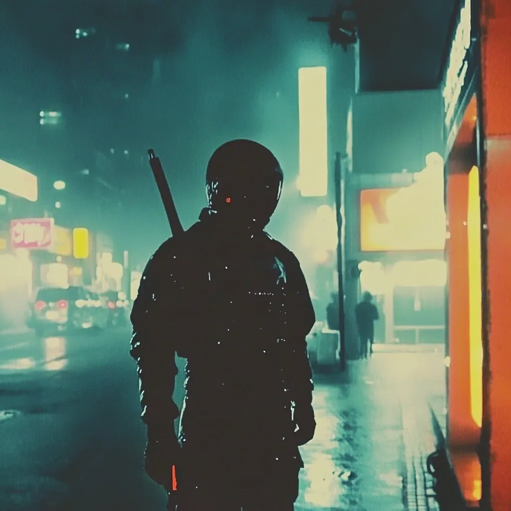 A silhouetted figure, clad in dark, futuristic armor and a helmet, stands on a rain-slicked city street at night.  A katana is strapped to their back.  Neon lights cast a teal and orange glow on the background buildings and wet pavement. The atmosphere is moody and suggestive of a cyberpunk or dystopian setting.  The figure's face is obscured, creating a sense of mystery and anonymity.  The overall image is sharp in focus on the central figure, while the background is slightly blurred.