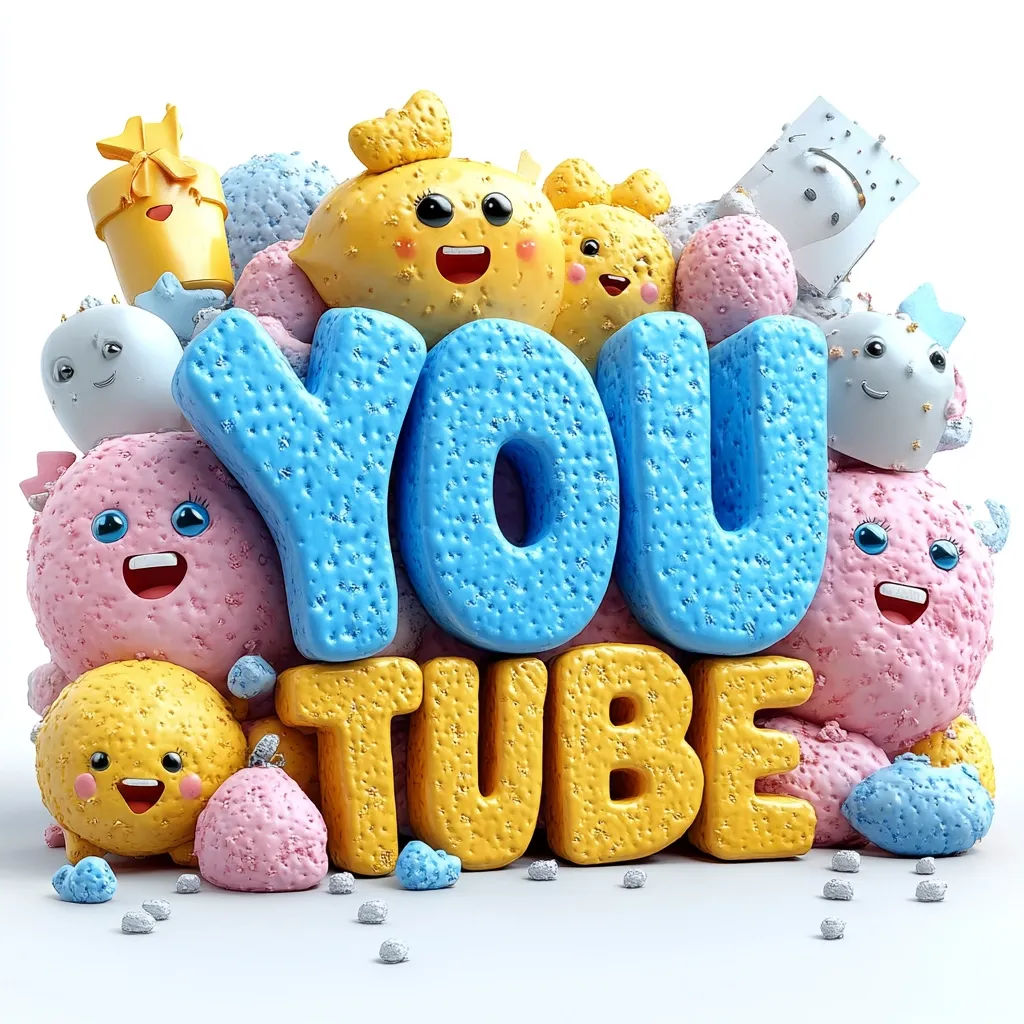 Here's a description of the image:

The image is a 3D rendering depicting the word "YOUTUBE" in stylized, textured letters.  The letters are primarily light blue and yellow, with a slightly bumpy, almost porous texture.  They're nestled within a cluster of various small, cute, cartoonish characters and objects, including lemons, gifts, and amorphous shapes with happy expressions, all in pastel colors. The overall style is playful, childlike, and reminiscent of claymation or stop-motion animation. The scene is set against a plain white background.