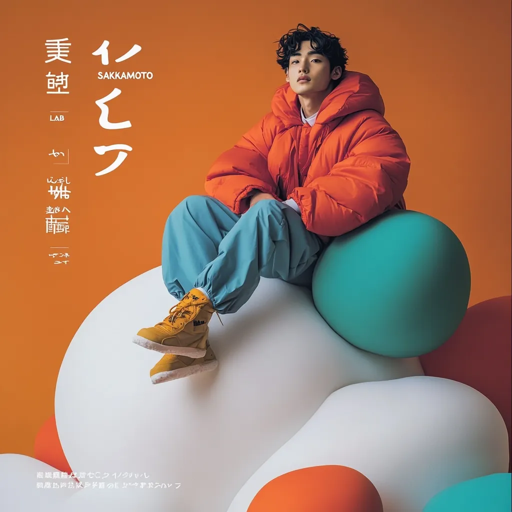 Here's a description of the image:

A young man with dark, curly hair sits casually on a cluster of large, pastel-colored spheres. He's wearing a vibrant orange puffer jacket, teal pants, and mustard-yellow high-top sneakers. The background is a solid, warm orange.  Japanese text overlays the image, likely brand or product information, creating a stylish and modern aesthetic. The overall mood is playful and fashionable.