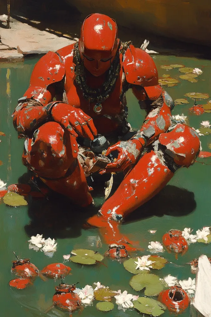 Here's a description of the image:

The artwork depicts a figure in a weathered, red, almost robotic suit, seated in a pond amidst lily pads and blossoms.  The suit shows signs of wear and damage, adding to a post-apocalyptic or futuristic feel. The figure's face is obscured by the helmet, but their hands delicately manipulate a small object. The overall palette is muted, with the vibrant red of the suit contrasting the deep greens of the water and the white of the lilies. The scene has a melancholic and contemplative mood.  The style is painterly, with visible brushstrokes, suggesting a blend of realism and fantasy.